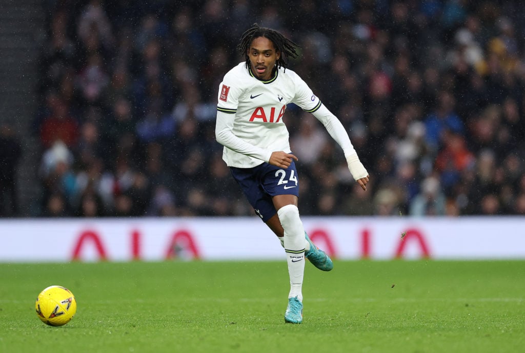 Djed Spence of Spurs in actio during the Emirates FA Cup third round matcvh between Tottenham Hotspurs and Portsmouth at Tottenham Hotspur Stadium ...