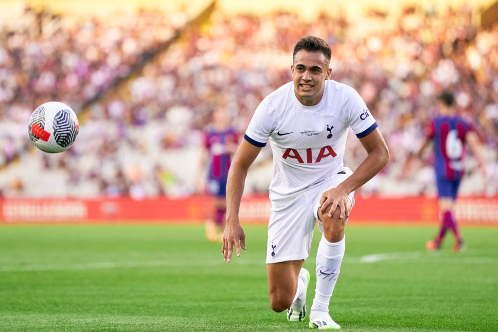 Sergio Reguilon of Tottenham Hotspur reacts during the Joan Gamper Trophy match between FC Barcelona and Tottenham Hotspur at Estadi Olimpic Lluis ...