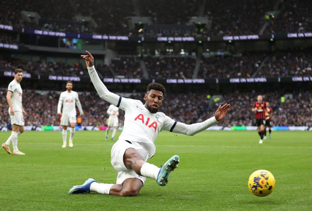 Emerson Royal of Spurs clears the ball during the Premier League match between Tottenham Hotspur and AFC Bournemouth at Tottenham Hotspur Stadium o...