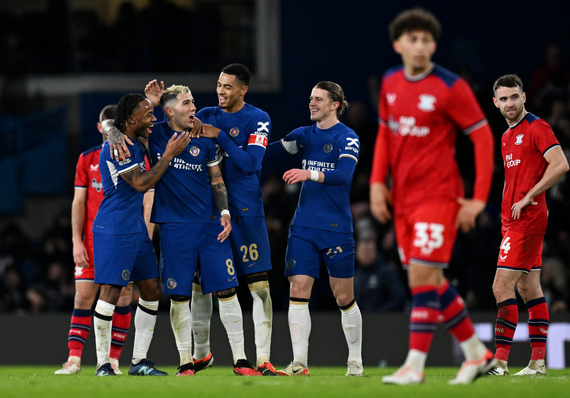 Enzo Fernandez of Chelsea celebrates scoring his team's fourth goal with teammates Raheem Sterling, Levi Colwill and Conor Gallagher of Chelsea dur...