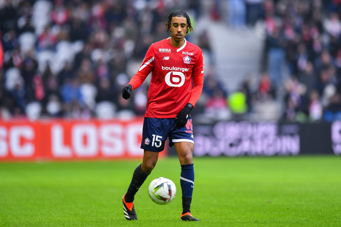Leny Yoro of Lille OSC controls the ball during the Ligue 1 Uber Eats match between Lille OSC and FC Lorient at Stade Pierre-Mauroy on January 14, ...