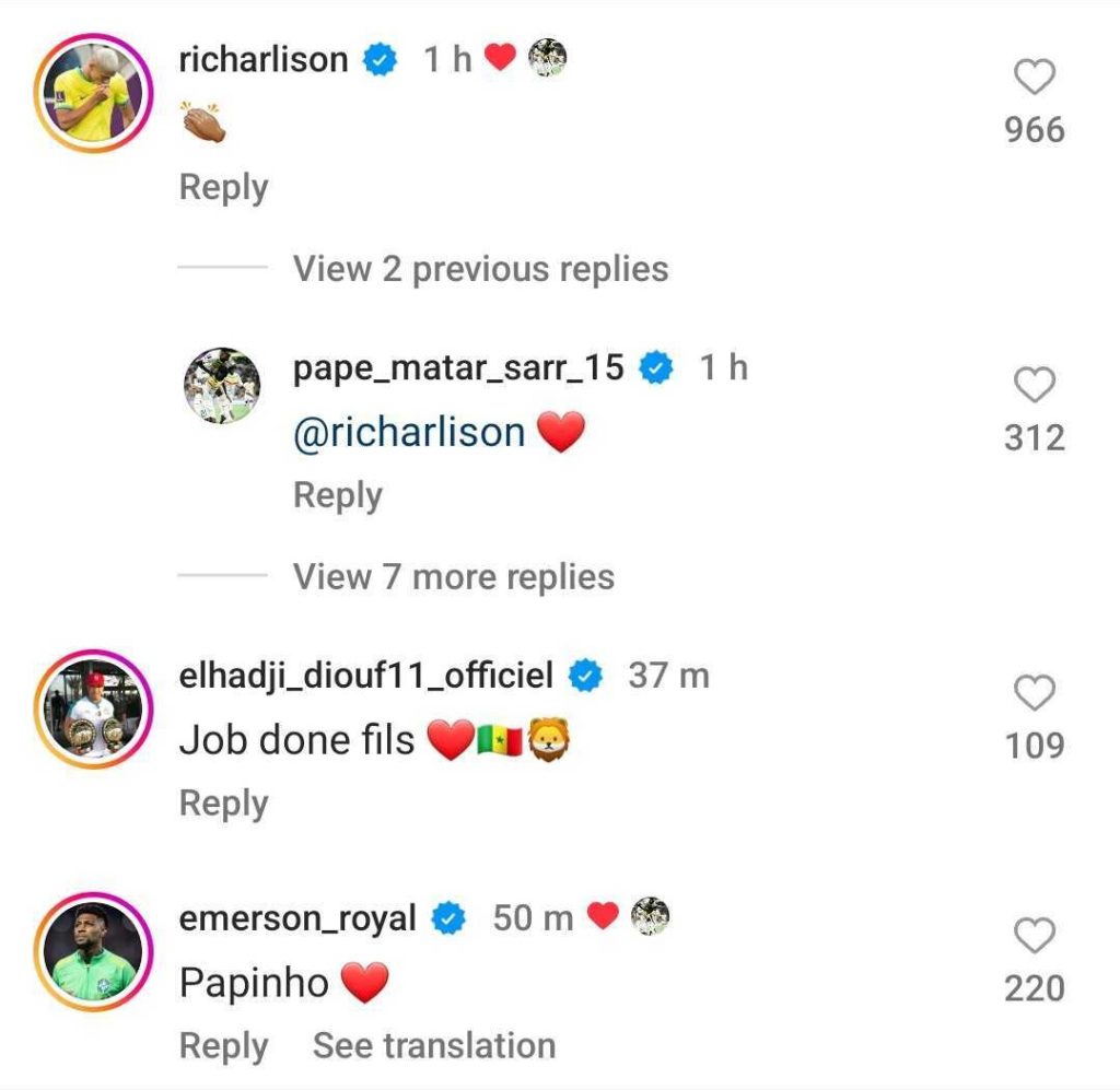 Tottenham forward Richarlison applauds Spurs teammate Pape Matar Sarr