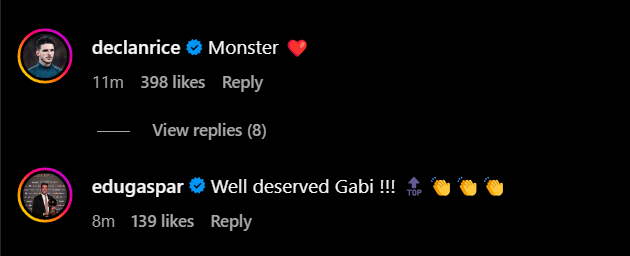 Declan Rice and Edu Gaspar reply to Arsenal star Gabriel Magalhaes' Instagram post