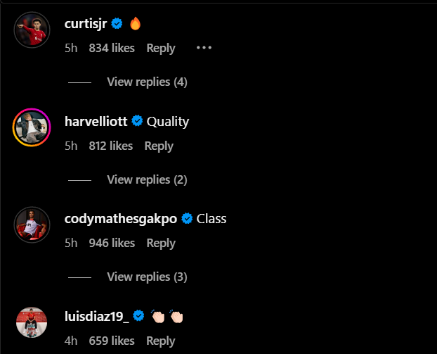 Screengrab of replies under Liverpool's Conor Bradley's Instagram post