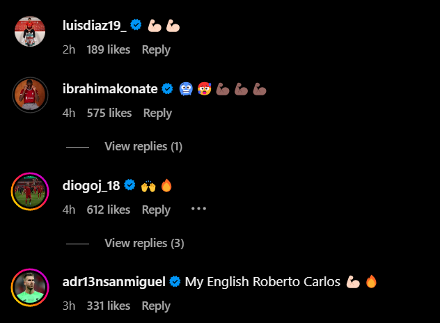 Screengrab of replies under Liverpool star Joe Gomez's Instagram post featuring Adrian