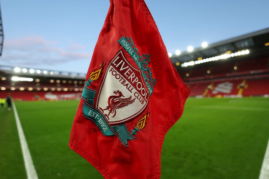 A general detail view of the Liverpool badge / logo on a corner flag at Anfield Stadium during the Emirates FA Cup Third Round match between Liverp...