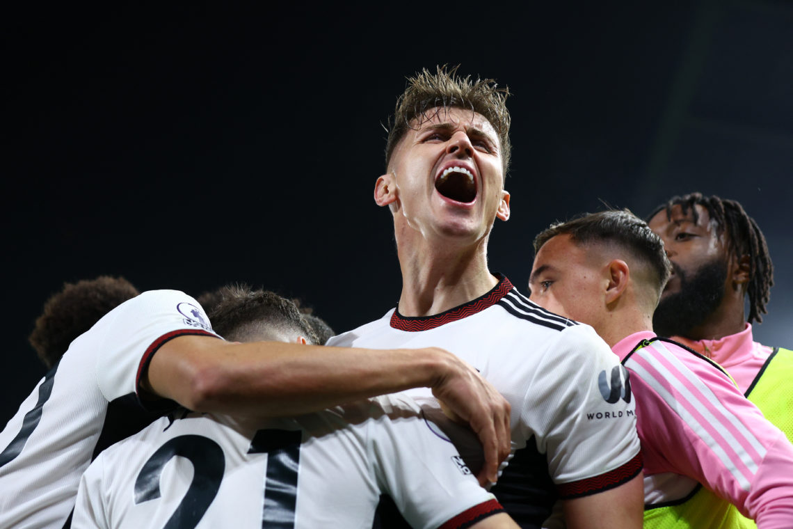 Tom Cairney of Fulham celebrates after Daniel James of Fulham ( Obscured ) scores their side's first goal during the Premier League match between F...