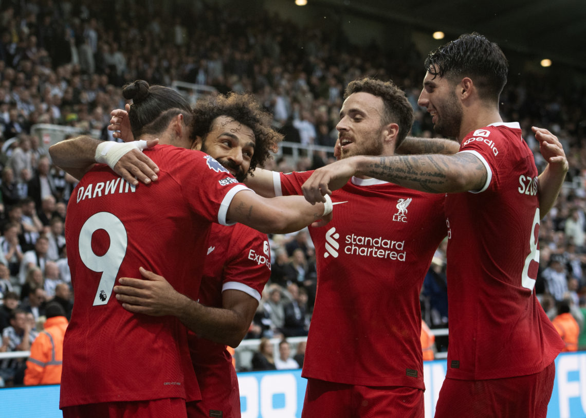 Darwin Nunez of Liverpool celebrates scoring his second goal with team mates Mohamed Salah, Diogo Jota and Dominik Szoboszlai during the Premier Le...
