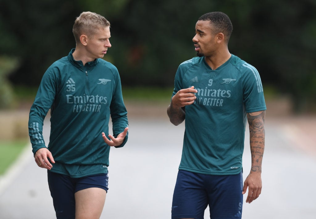 (L-R) Oleksandr Zinchenko and Gabriel Jesus of Arsenal during a training session at London Colney on October 02, 2023 in St Albans, England.