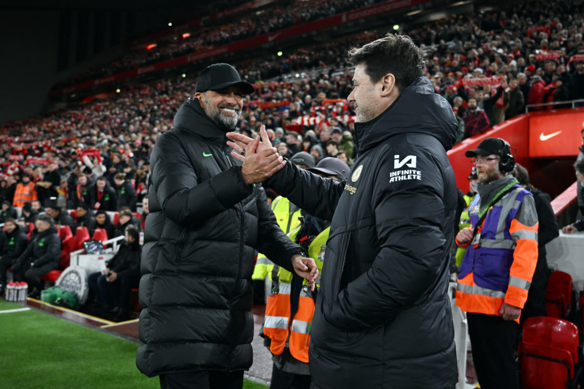 Juergen Klopp, Manager of Liverpool, and Mauricio Pochettino, Manager of Chelsea, shake hands prior to the Premier League match between Liverpool F...