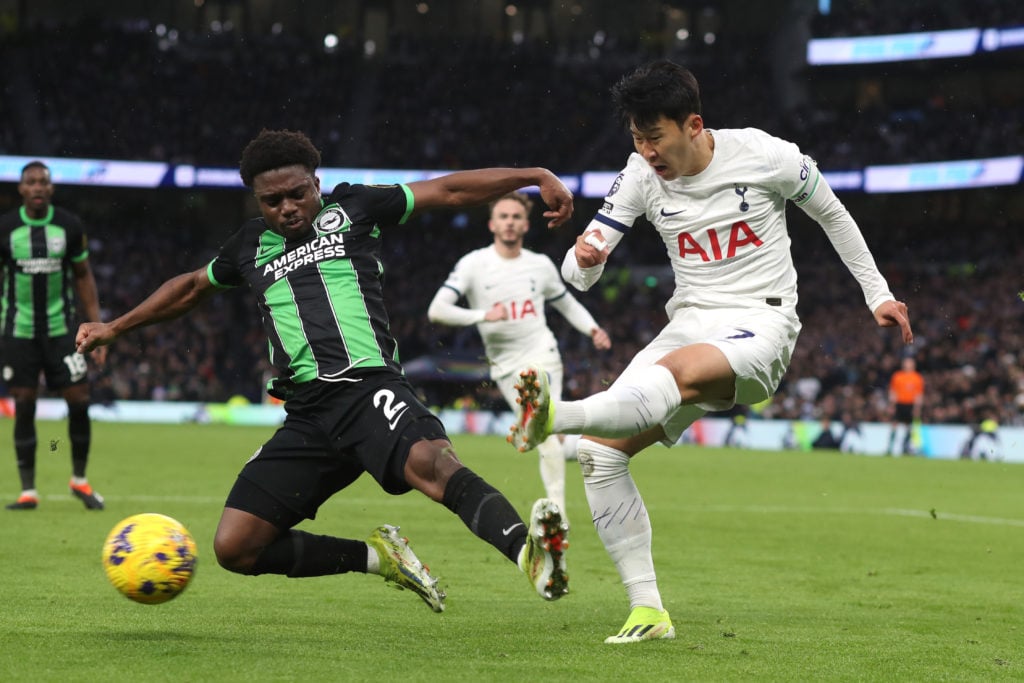 Son Heung-Min of Tottenham Hotspur crosses the ball before Tariq Lamptey of Brighton & Hove Albion can make a tackle during the Premier League ...