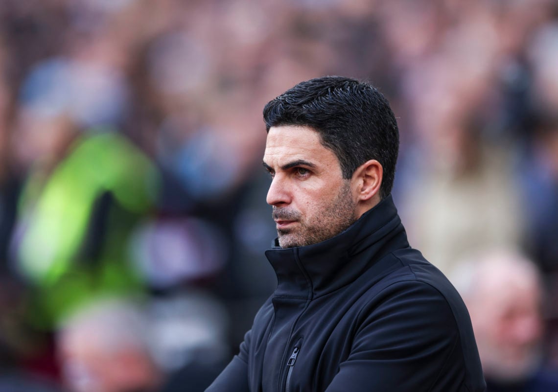 Mikel Arteta is managing Arsenal during the Premier League match between West Ham United and Arsenal at the London Stadium in Stratford, on Februar...