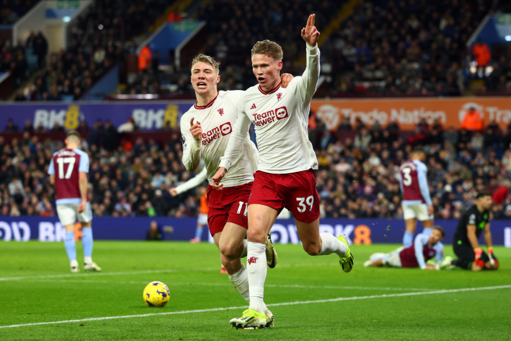 Scott McTominay of Manchester United celebrates scoring his side's second goal with team-mate Rasmus Hojlund during the Premier League match betwee...