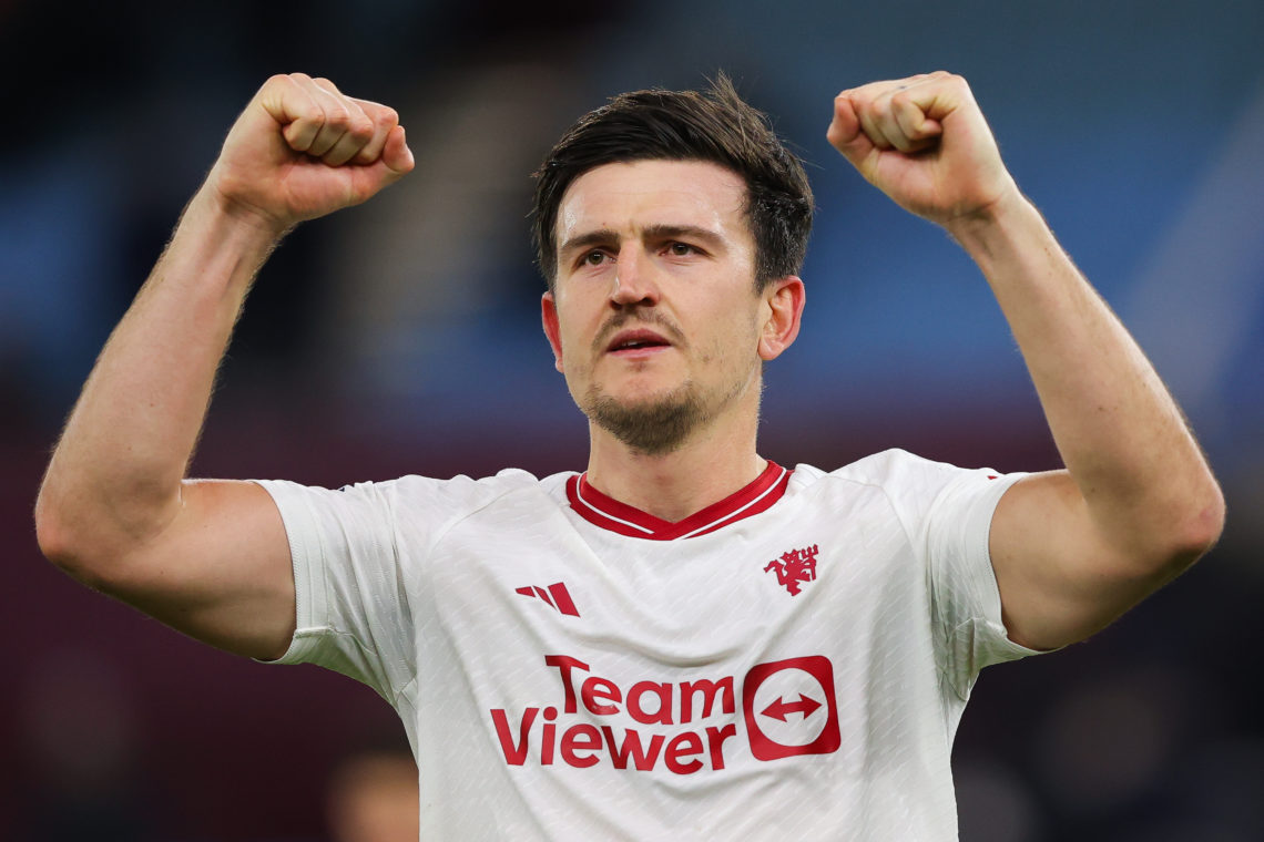 Harry Maguire of Manchester United celebrates after the Premier League match between Aston Villa and Manchester United at Villa Park on February 11...