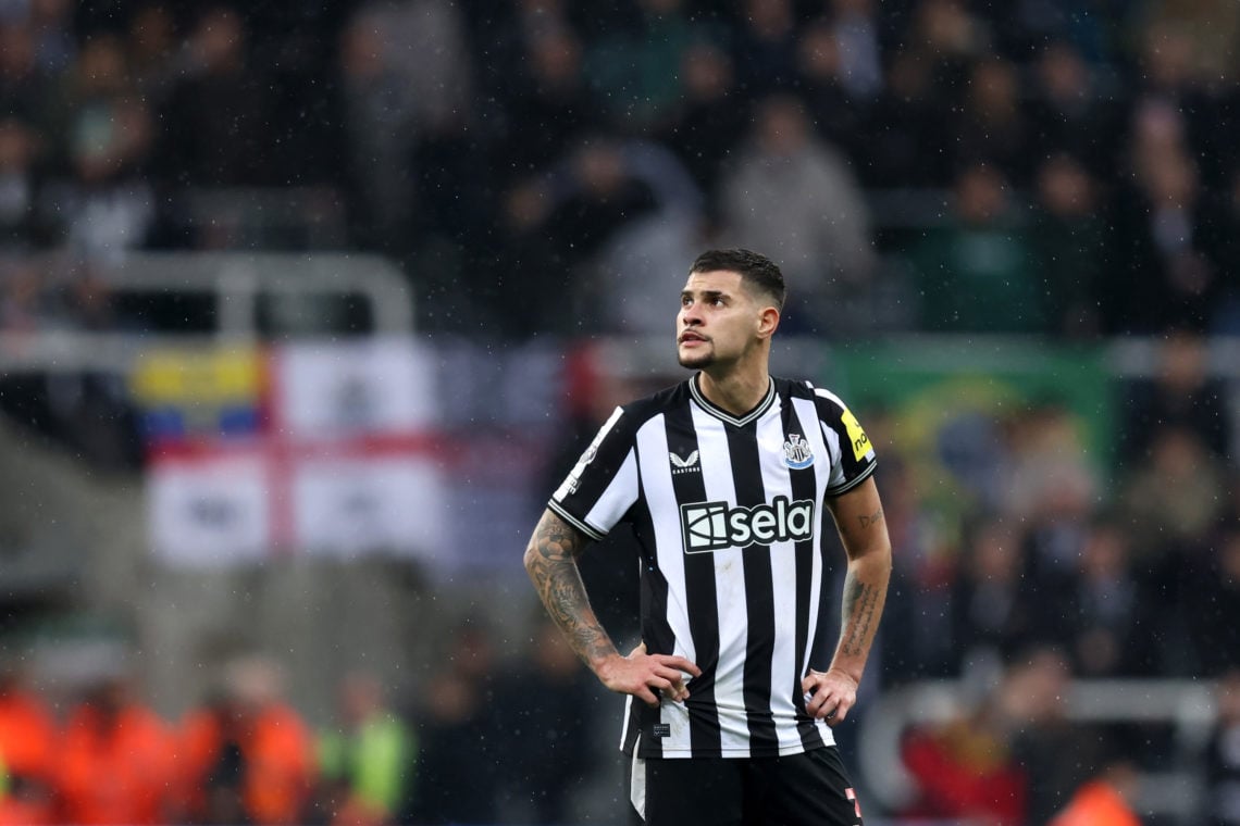 Bruno Guimaraes of Newcastle United looks on during the Premier League match between Newcastle United and AFC Bournemouth at St. James Park on Febr...