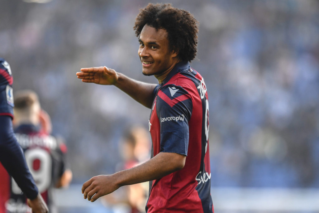 Joshua Zirkzee of Bologna FC celebrates after scoring the