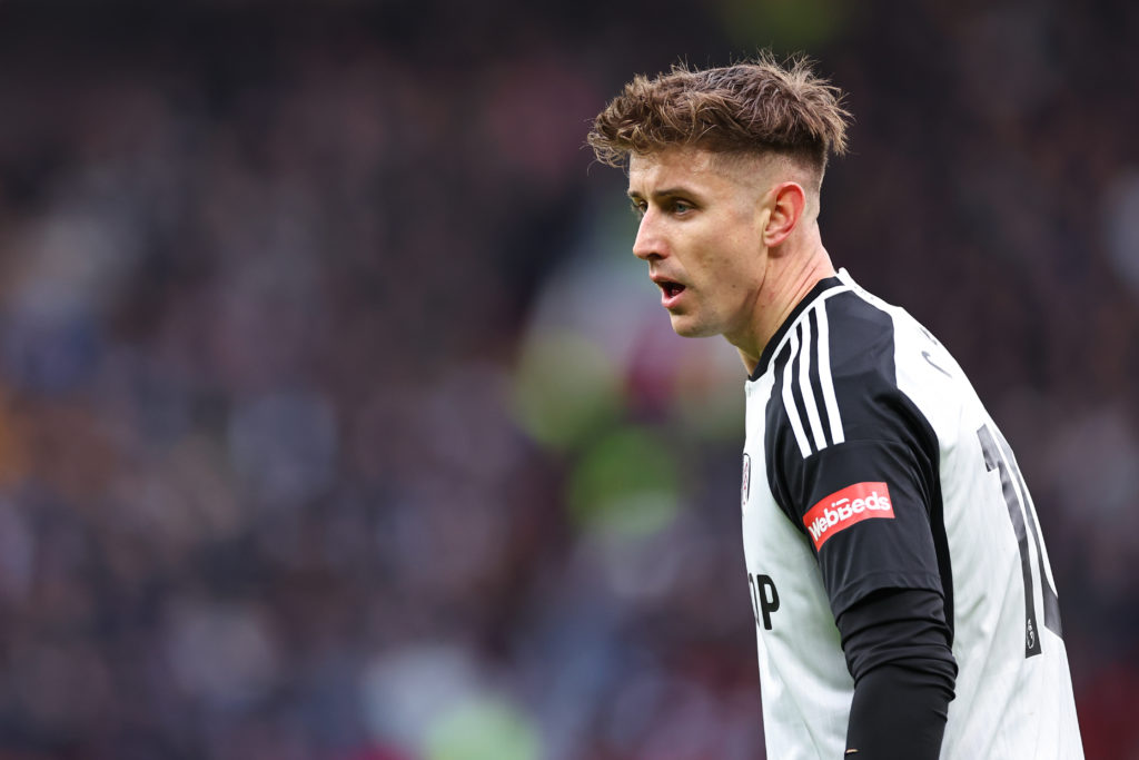 Tom Cairney of Fulham during the Premier League match between Manchester United and Fulham FC at Old Trafford on February 24, 2024 in Manchester, E...