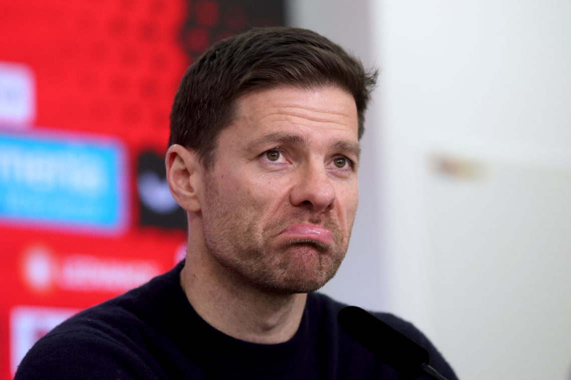 Xabi Alonso, Head Coach of Bayer Leverkusen, reacts during a press conference after after the Bundesliga match between Bayer 04 Leverkusen and 1. F...