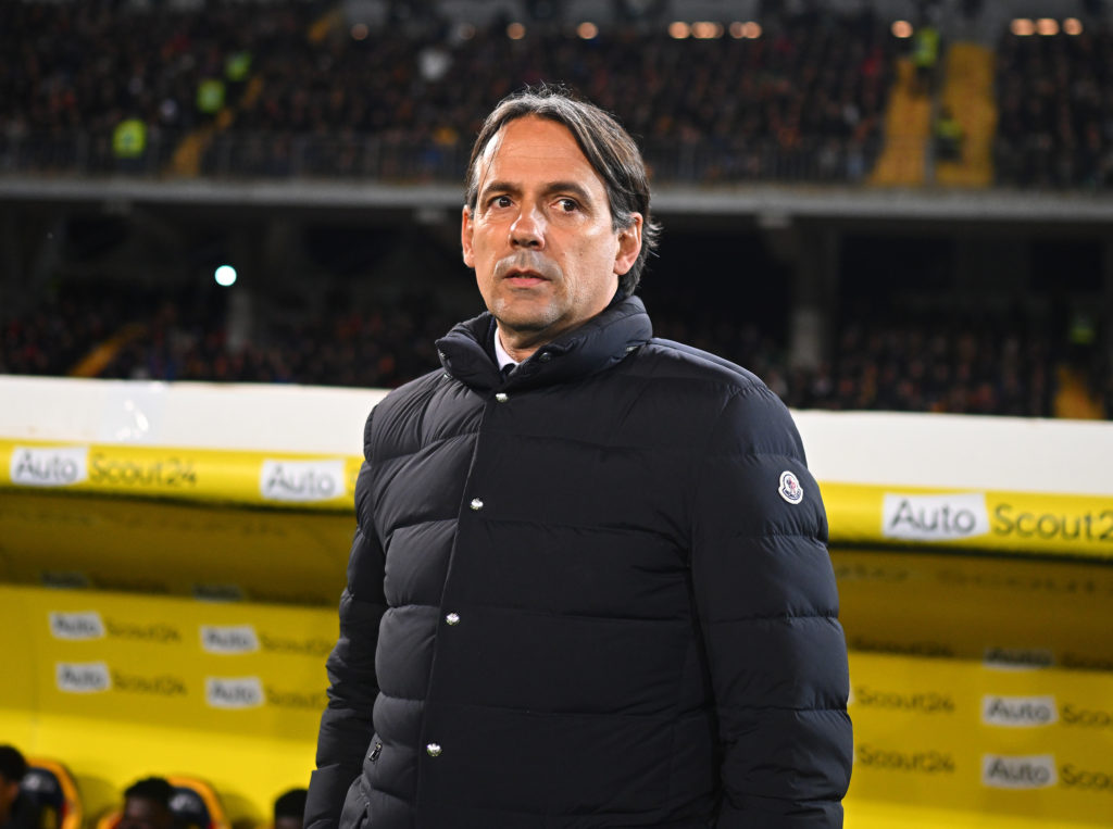 Head coach of FC Internazionale Simone Inzaghi reacts during the Serie A TIM match between US Lecce and FC Internazionale at Stadio Via del Mare on...