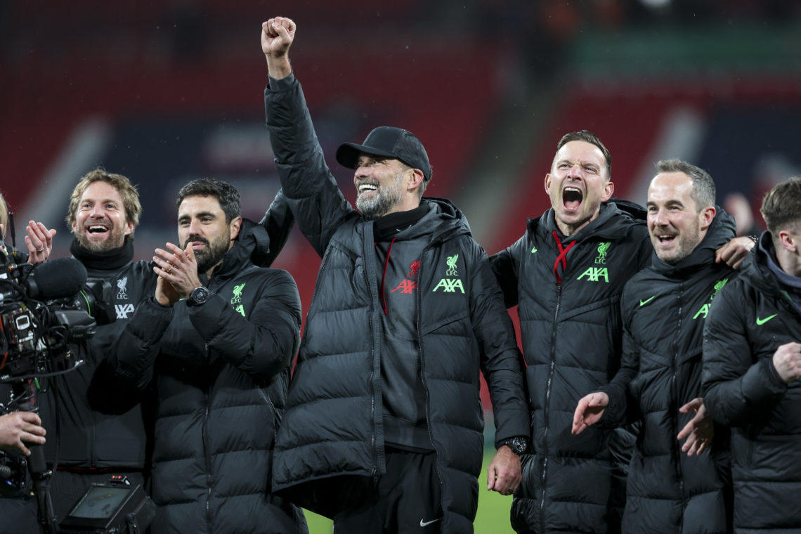 Head Coach Jurgen Klopp and his assistant Pepijn Lijnders of Liverpool celebrate after their sides 1-0 extra-time win during the Carabao Cup Final ...