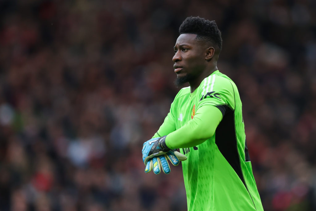 Andre Onana of Manchester United during the Premier League match between Manchester United and Fulham FC at Old Trafford on February 24, 2024