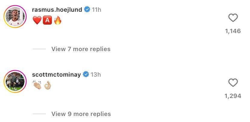 Rasmus Hojlund and Scott McTominay amazed by Harry Maguire's showing for United against Villa yesterday