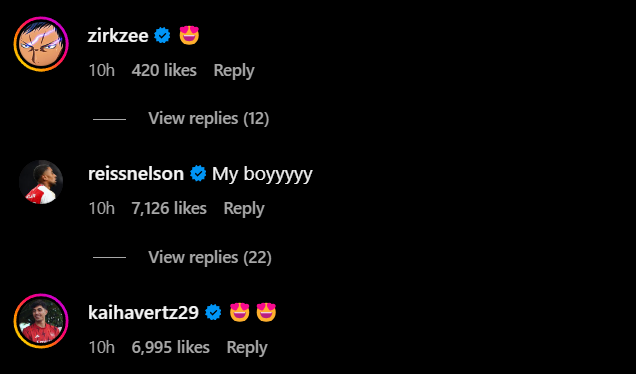 Replies under Arsenal's Jurrien Timber's Instagram post