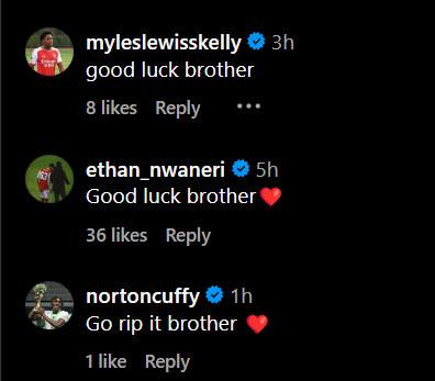 Arsenal's Ethan Nwaneri and others reply to Bradley Ibrahim's Instagram post