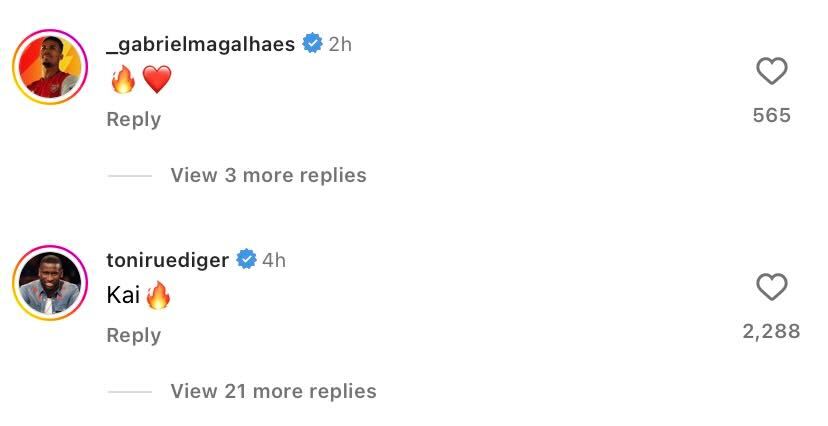 Gabriel Magalhaes and Antonio Rudiger loved Arsenal man Kai Havertz's performance for his country yesterday