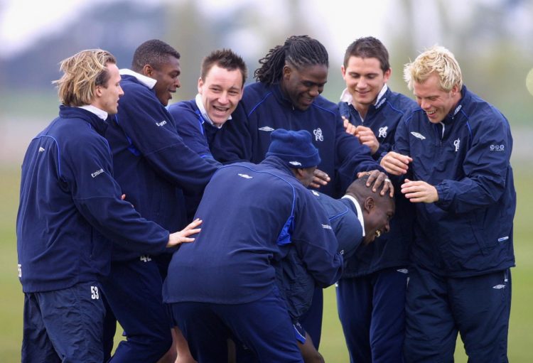 12 Apr 2002:  The Chelsea players have a laugh with new player Carlton Cole during a training session at Chelsea's training ground near Heathrow in...