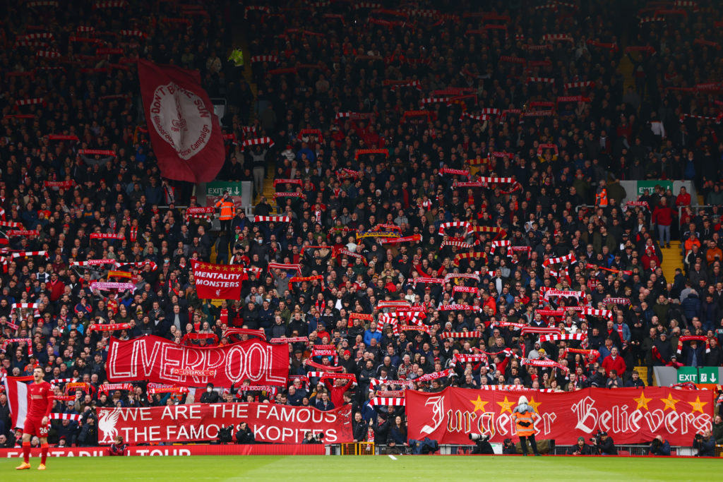Liverpool fans show their support during the Premier League match between Liverpool and Watford at Anfield on April 02, 2022 in Liverpool, England.