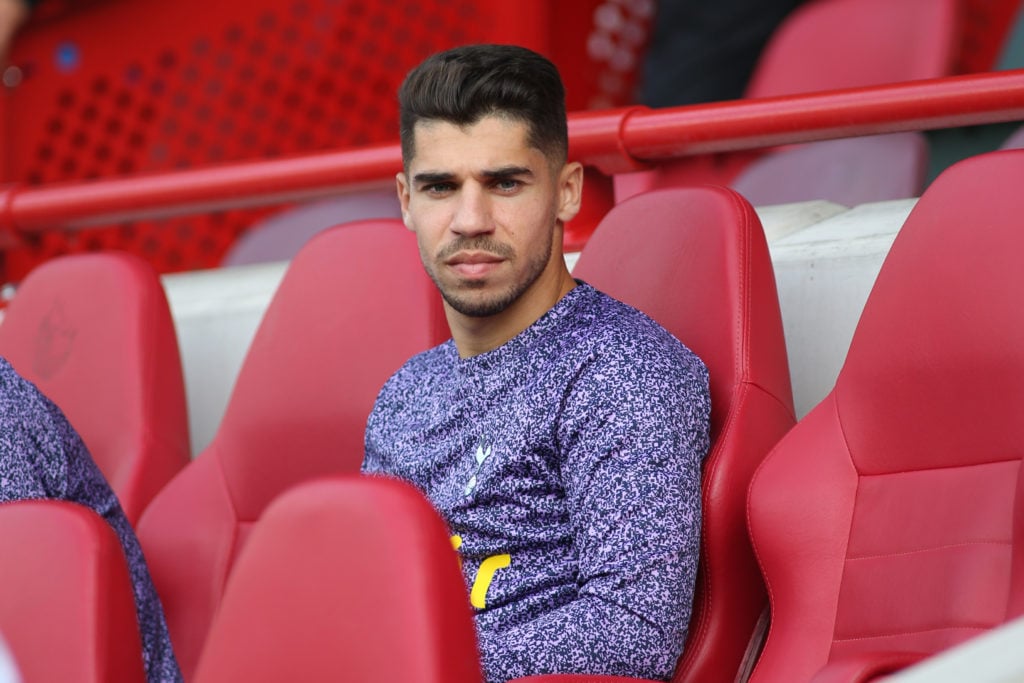 Manor Solomon on the bench during a Tottenham game against Brentford