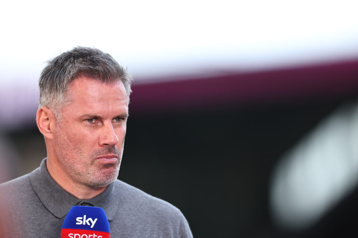 Jamie Carragher working for Sky Sports during the Premier League match between Burnley FC and Manchester City at Turf Moor on August 11, 2023 in Bu...
