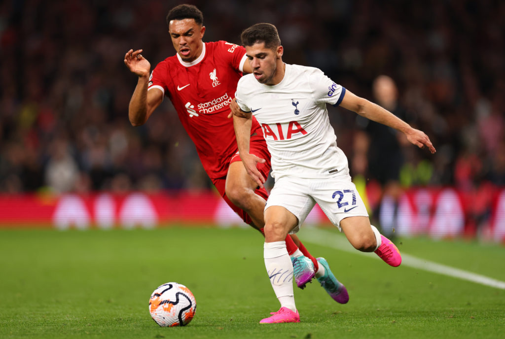 Trent Alexander-Arnold of Liverpool  tangles with Manor Solomon of Tottenham Hotspur during the Premier League match between Tottenham Hotspur and ...