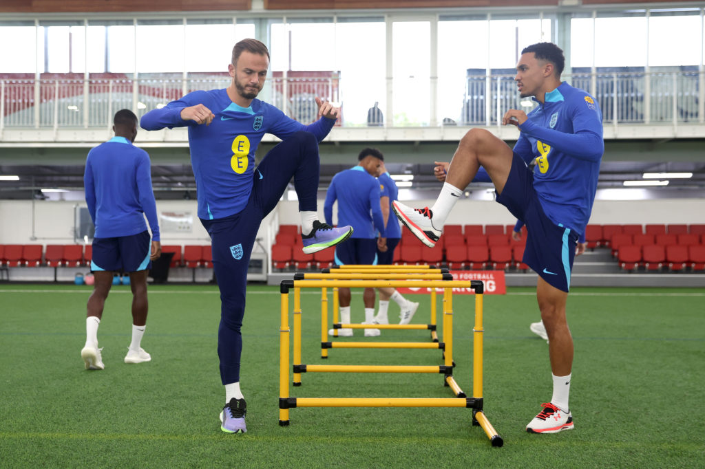 James Maddison and Trent Alexander-Arnold of England train at St George's Park on October 11, 2023 in Burton upon Trent, England.