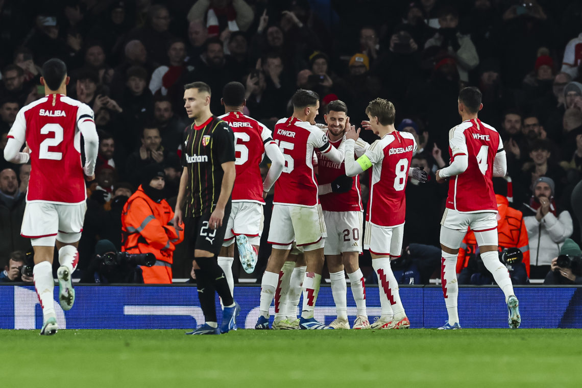 Jorginho Filho of Arsenal (C) celebrating his goal with his teammates during the UEFA Champions League Group Stage match between Arsenal FC and RC ...