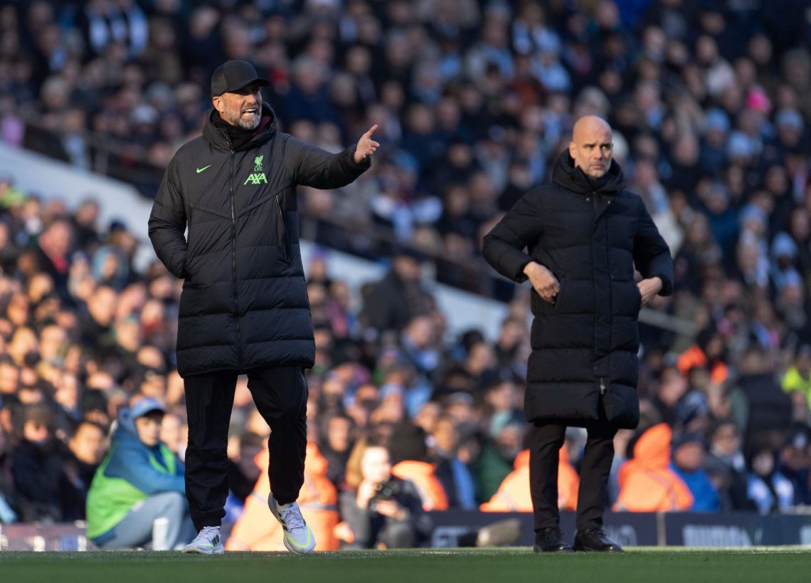 Liverpool manager Jurgen Klopp and Manchester City manager Pep Guardiola during the Premier League match between Manchester City and Liverpool FC a...