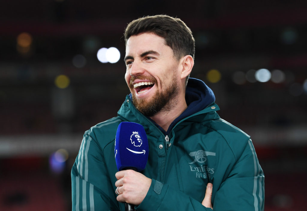 Jorginho of Arsenal reacts as he speaks with Amazon Prime Video prior to the Premier League match between Arsenal FC and West Ham United at Emirate...