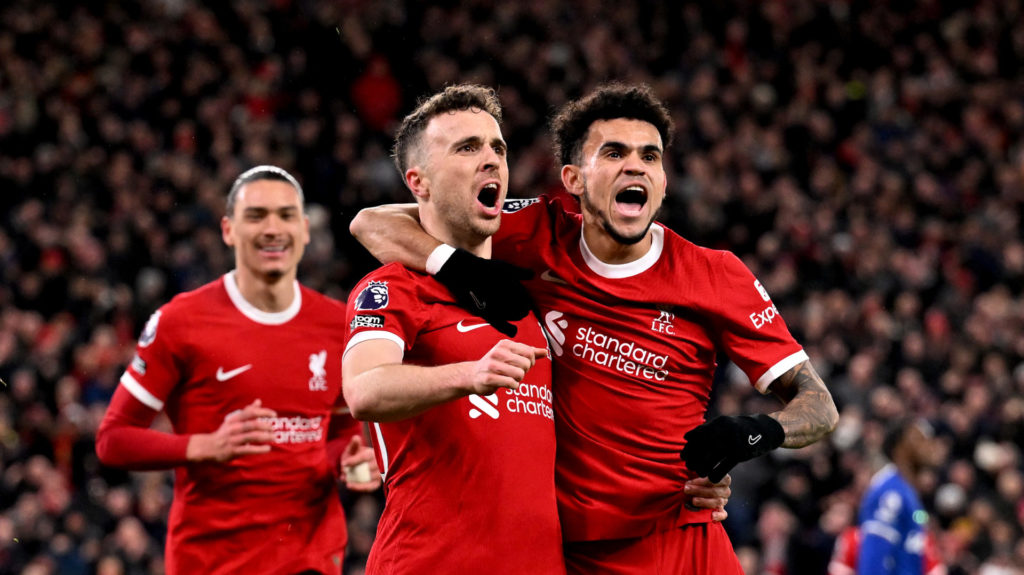 (THE SUN OUT, THE SUN ON SUNDAY OUT) Diogo Jota of Liverpool celebrates after scoring the opening goal during the Premier League match between Live...