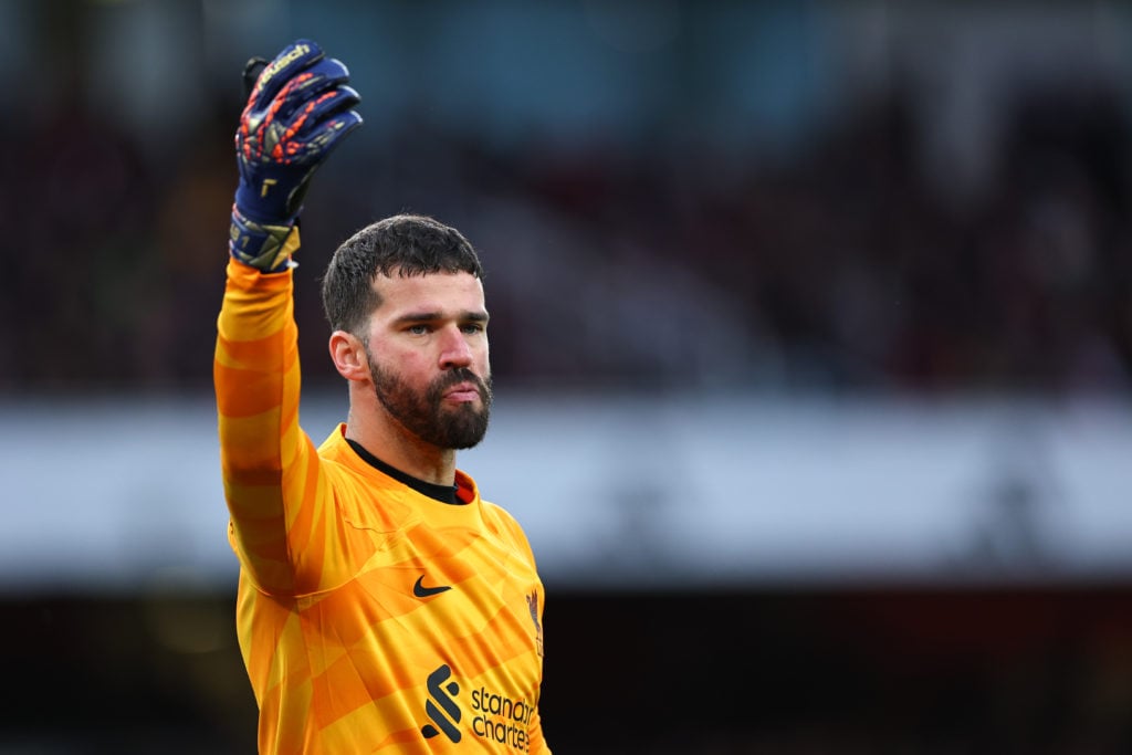 Alisson Becker of Liverpool during the Premier League match between Arsenal FC and Liverpool FC at Emirates Stadium on February 4, 2024 in London, ...