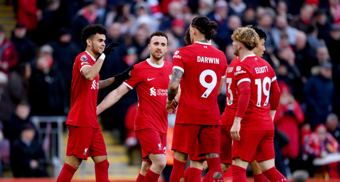 Luis Diaz of Liverpool celebrates with team mates after scoring his team's second goal during the Premier League match between Liverpool FC and Bur...
