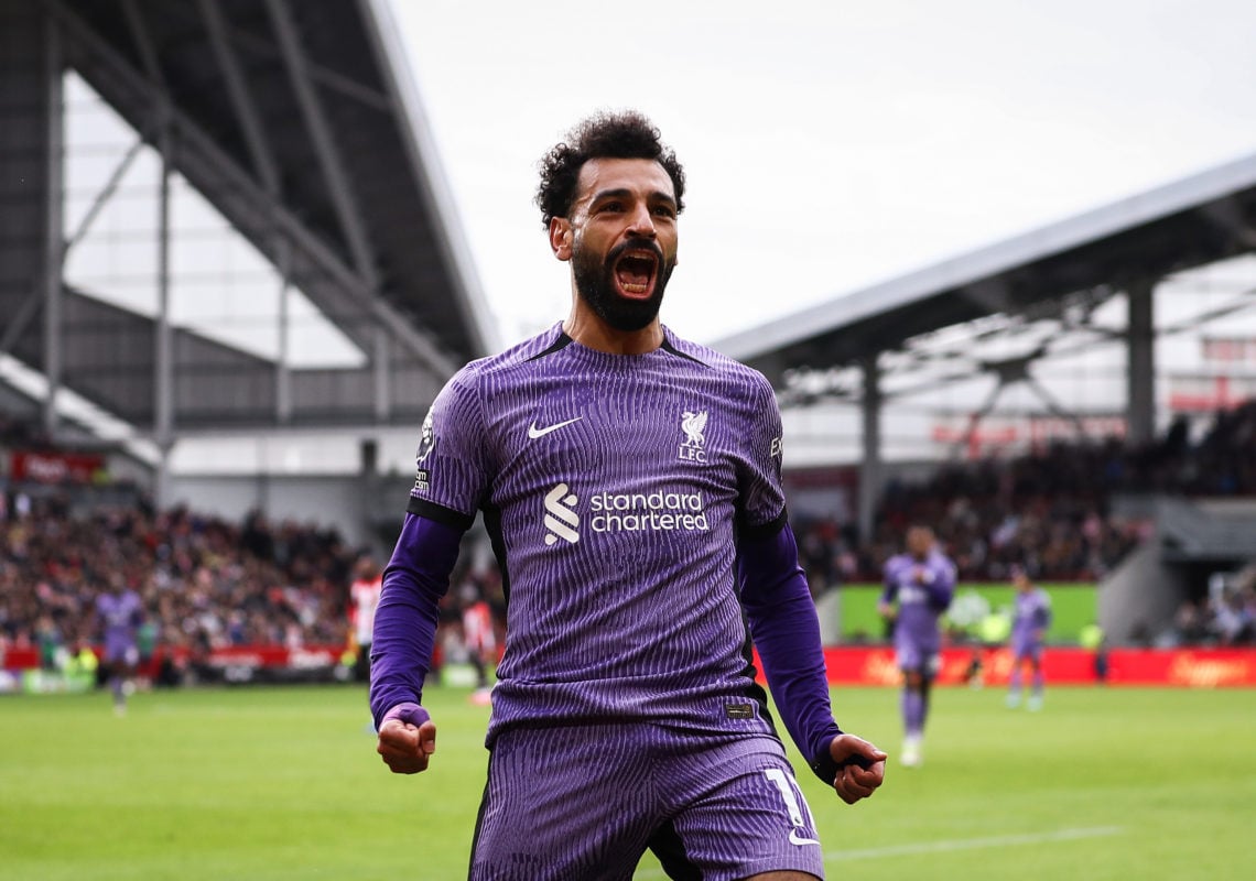 Mohamed Salah of Liverpool celebrates after scoring his team's third goal during the Premier League match between Brentford FC and Liverpool FC at ...