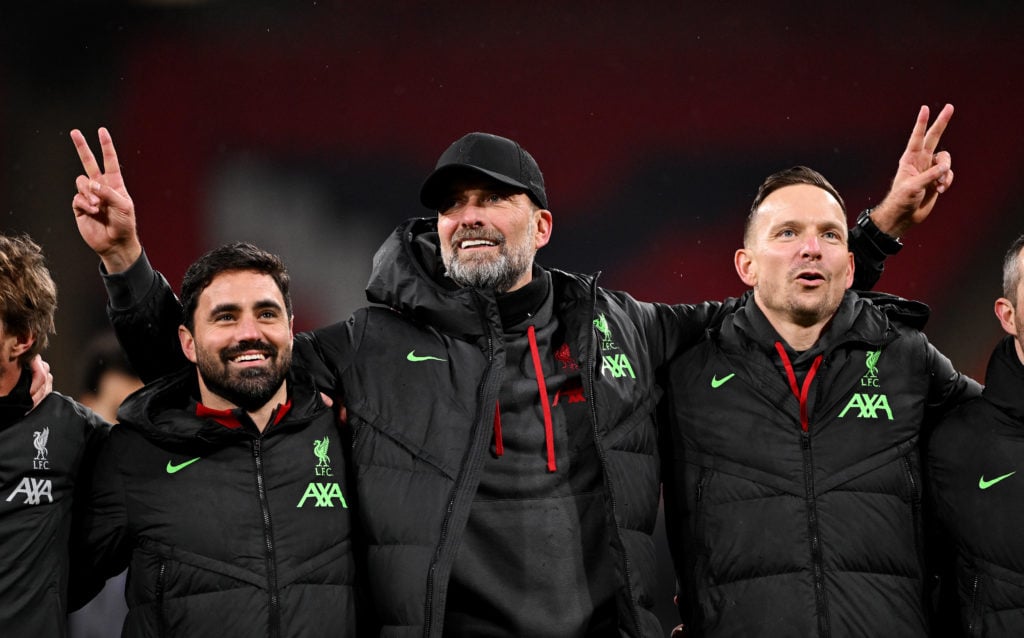 Jurgen Klopp, Manager of Liverpool, celebrates with Pepijn Lijnders, Assistant Manager of Liverpool after the team's victory in the Carabao Cup Fin...