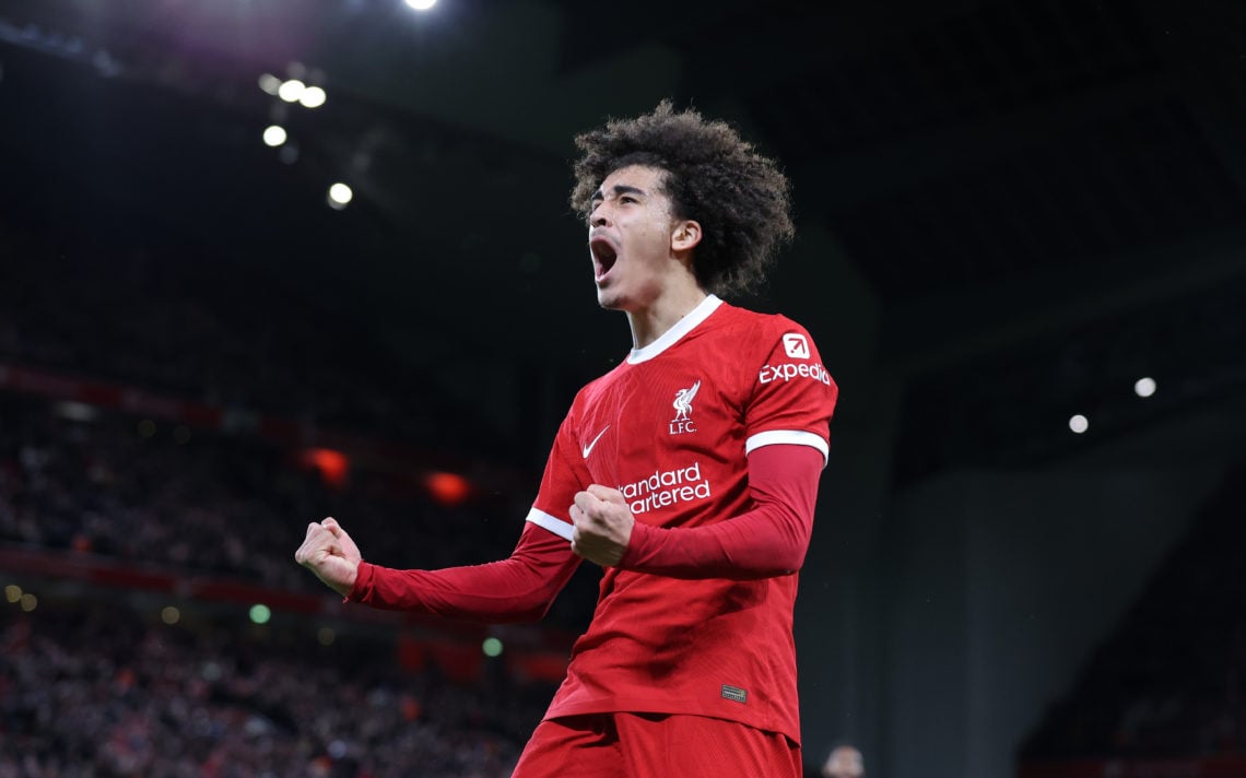 Jayden Danns of Liverpool celebrates after scoring their third goal during the Emirates FA Cup Fifth Round match between Liverpool and Southampton ...
