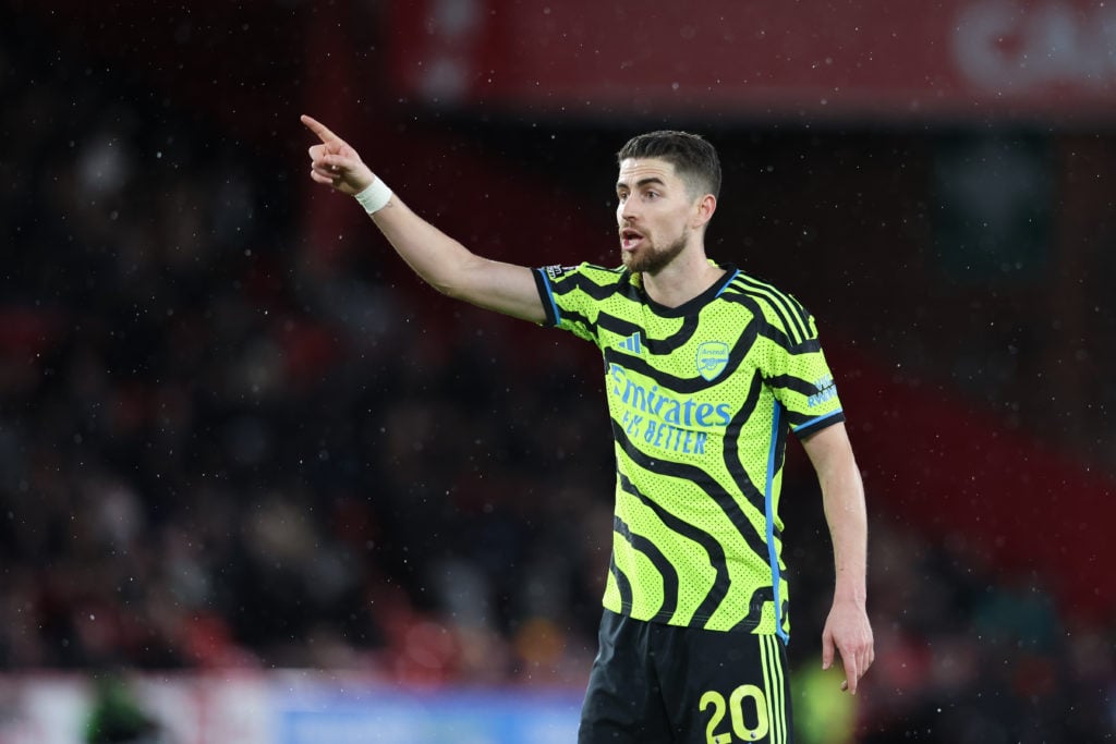 Jorginho of Arsenal gestures during the Premier League match between Sheffield United and Arsenal FC at Bramall Lane on March 4, 2024 in Sheffield,...