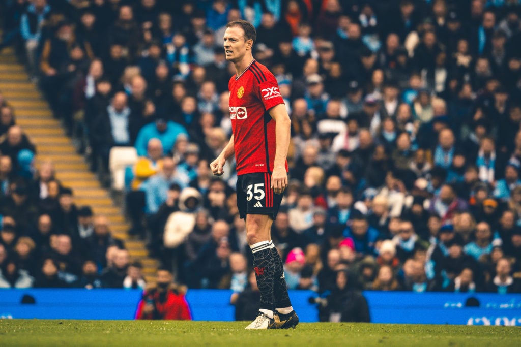 Jonny Evans of Manchester United in action during the Premier League match between Manchester City and Manchester United at Etihad Stadium on March...