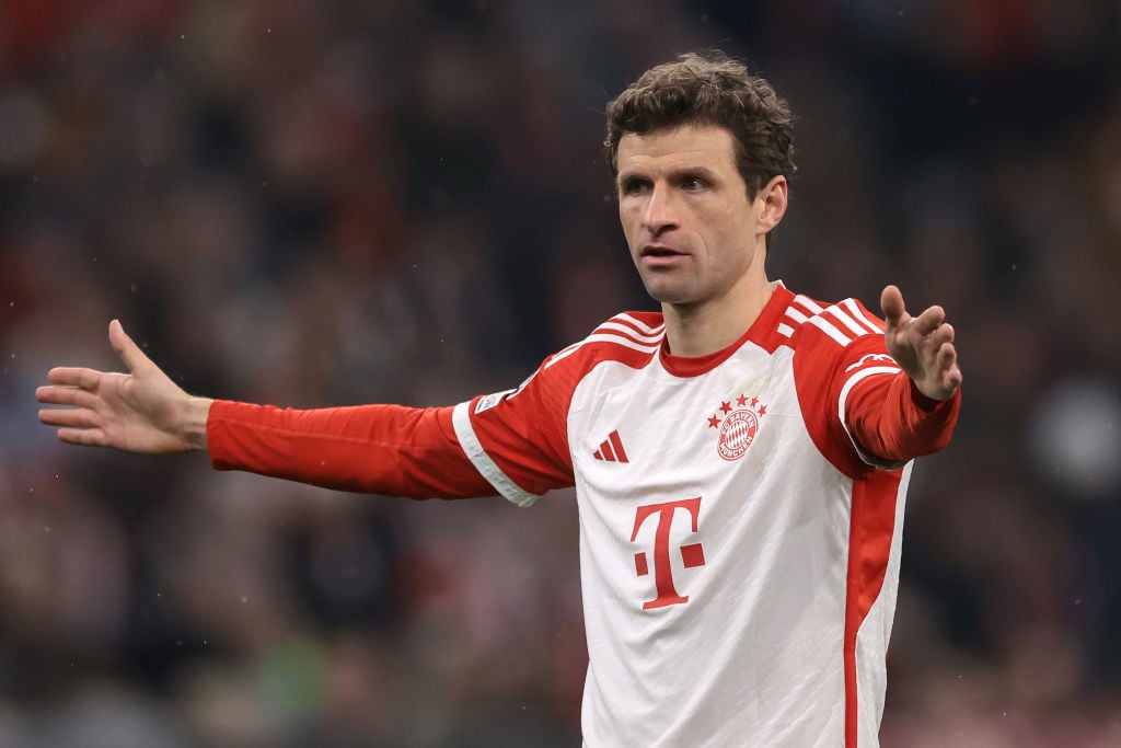 Thomas Muller reacts after drawing Arsenal in the Champions League and ...