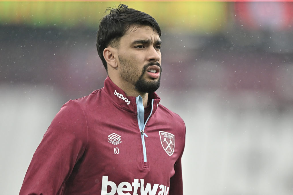 Lucas Paqueta of West Ham United warms up before the Premier League match between West Ham United and Burnley FC at London Stadium on March 10, 202...