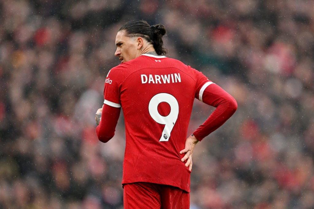 Darwin Nunez of Liverpool reacts during the Premier League match between Liverpool FC and Manchester City at Anfield on March 10, 2024 in Liverpool...