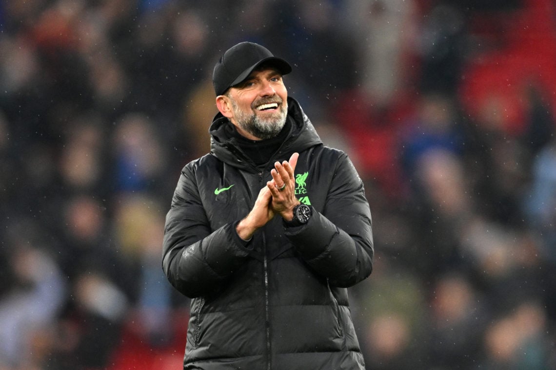Jurgen Klopp, Manager of Liverpool, applauds the fans after the draw in the Premier League match between Liverpool FC and Manchester City at Anfiel...